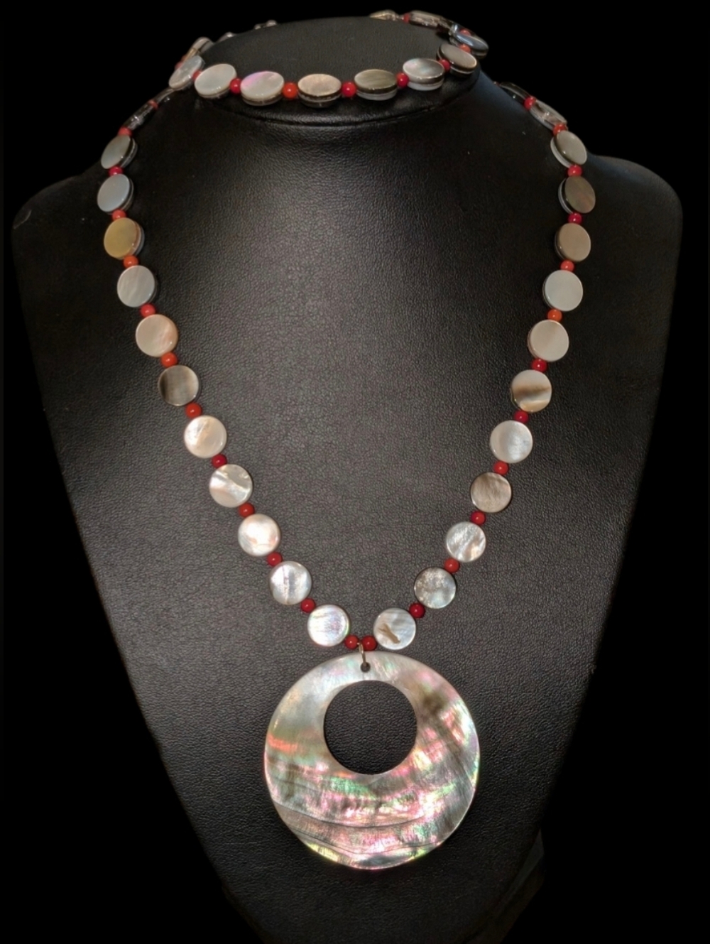 Mother-of-Pearl Disc Shell Necklace with Red Coral Beads - Women Jewelry